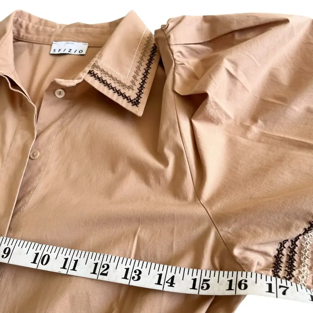 Sfizio Tan Embroidered Poplin Puff Short Sleeve A-Line Midi Shirt Dress Size 4